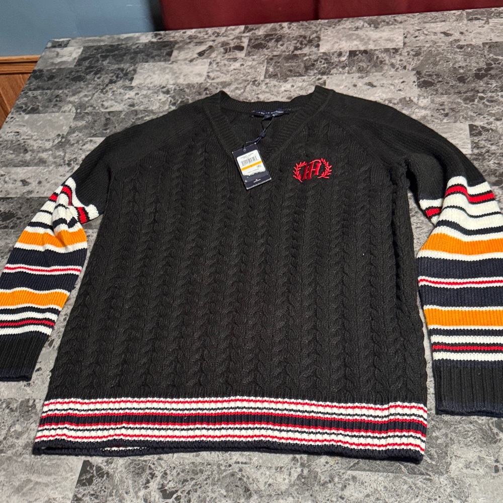 Tommy Hilfiger Black V-Neck Sweater with Striped Sleeves